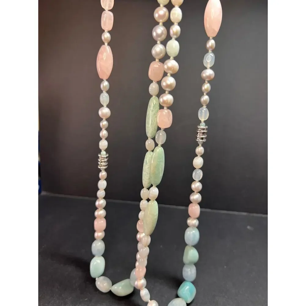NEW dead stock amazonite , pearl multi stone sterling silver 30 inch necklace